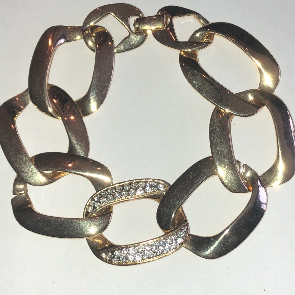 Angel Brand Signed Gold Tone Rhinestone Chunky Chain Link Bracelet